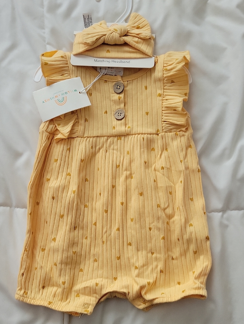 Yellow Heart Print Baby Romper with Matching Headband